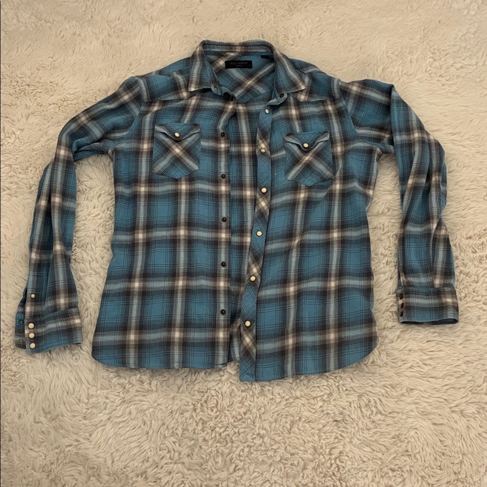 All Saints Blue Plaid Casual Button Down Shirt